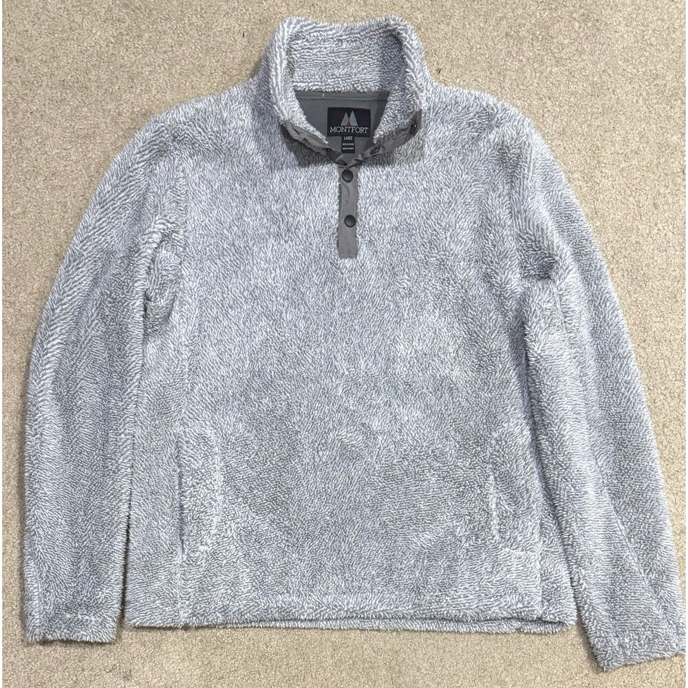 Montfort Mens L Gray Sherpa Fleece Pullover Quarter Snap Mock Neck Sweatshirt